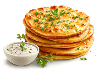 A stack of golden flatbreads garnished with fresh herbs, served with a small bowl of creamy dip, realistic texture, isolated on white background.
