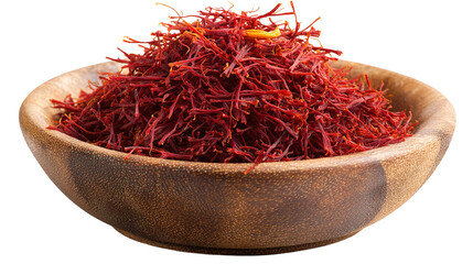 Naklejka premium Aromatic Saffron Strands in Wooden Dish – Luxurious Culinary Ingredient