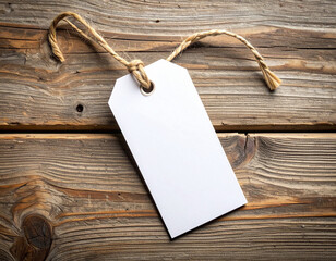 A blank white tag with a rustic twine string lies on a wooden surface, ready for customization or labeling purposes.