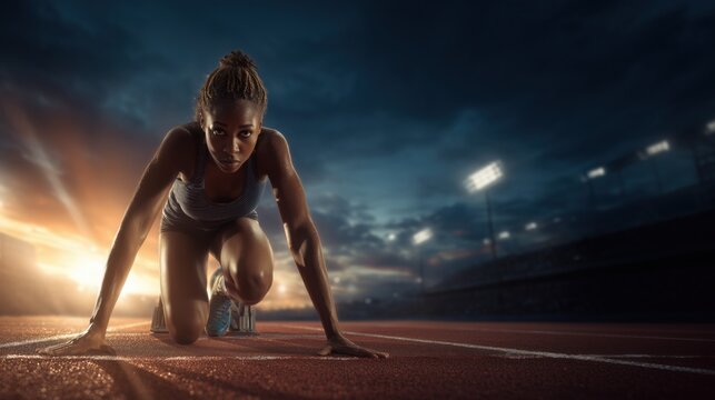 A Black female athlete in the starting position of running on an indoor track, ready to start her race with determination and focus.