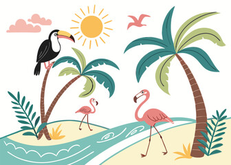 Exotic Beach Summer Collection: Hand-Drawn Toucan, Flamingo, Palm Tree, Sun, and Tropical Waves Illustration for Vacation and Nature Designs