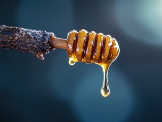 Macro capture of a single drop of honey dripping from a honey dipper, golden and glossy, illuminated against a dark background. , closes up