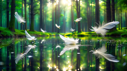 Glowing White Feathers Floating Over a Mirror Like Lake in Stillness