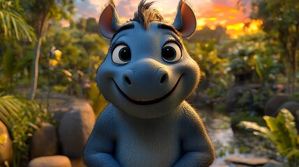 Animated character of a light blue animal in a lush environment.