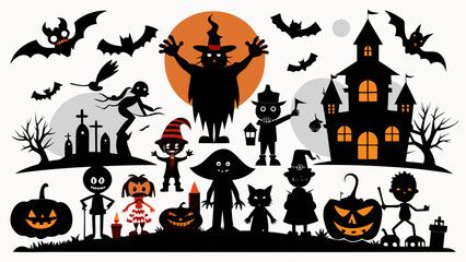 Vector art of a comprehensive halloween graphic collection featuring a variety of spooky characters, creatures, and settings
