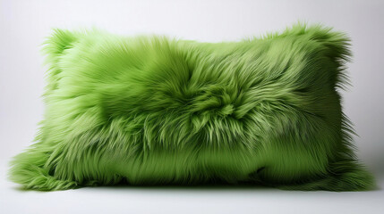 Soft green faux fur pillow with long fluffy strands, isolated on a clean white background. Cozy and decorative for home or textile themes.