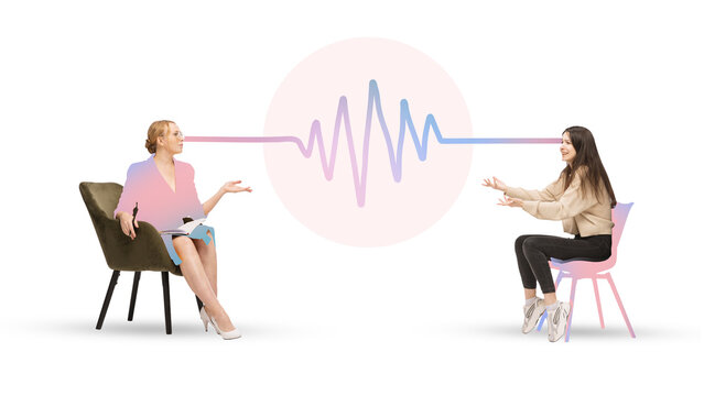 Pastel digital artwork. Two women in emotional conversation with connected soundwave. Concept of therapy, communication, empathy, coaching, mental health day, and human-centered design. - Powered by Adobe