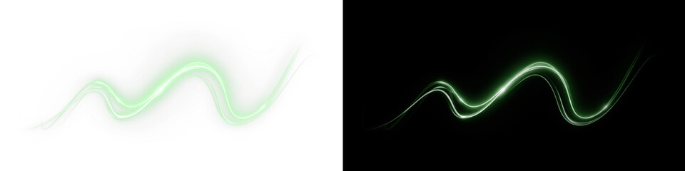 Wind, wave, green, light, line with glowing luminous effect, sparkle and neon flash in PNG format, perfect overlay for transparent PNG art, adding wind, wave, green magic to designs.