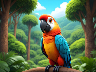 A brightly colored blue and yellow macaw with a large beak perches in a tropical jungle, its exotic feathers a vibrant display of nature's wildlife