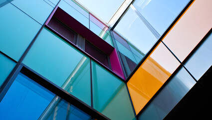 Abstract geometric shapes with vibrant color gradients and sharp lines creating a modern dynamic design