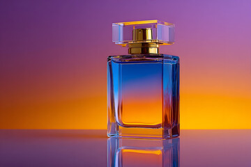 Elegant perfume bottle on reflective surface, purple to orange gradient background.