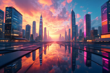 Obraz premium Shanghai city night view panoramic skyline with skyscrapers and urban architecture at sunset