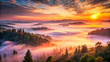 Misty Valley Sunrise Pink And Orange Sky Over A Forest Landscape
