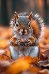 Fototapeta premium A squirrel eating a nut in the leaves.