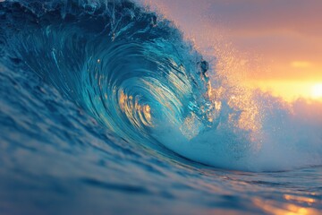 Colorful giant wave close-up in the morning light, sunset lighting, yellow and blue colors.