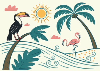Exotic Beach Summer Collection: Hand-Drawn Toucan, Flamingo, Palm Tree, Sun, and Tropical Waves Illustration for Vacation and Nature Designs