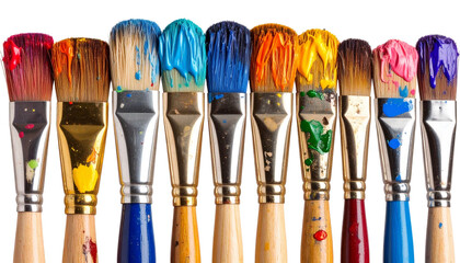 Close-up of a row of artist paintbrushes with colorful paint smears on the bristles, isolated on a transparent background, showcasing texture