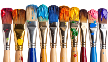 Close-up of a row of artist paintbrushes with colorful paint smears on the bristles, isolated on a transparent background, showcasing texture 