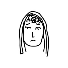 Minimalist doodle of young girl with sad expression and hooded hair – emotional hand drawn vector for mental health, loneliness and autumn blues on transparent background