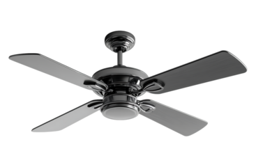 A simple ceiling fan, black metal with four blades isolated on a transparent background