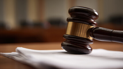 wooden gavel rests on a stack of papers in a courtroom setting, symbolizing justice, legal authority, and judicial proceedings