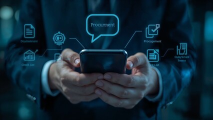 Businessman using smartphone with digital communication icons and data flow