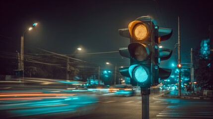 A traffic light showing a green signal at night, with blurred streetlights and vehicles passing by, capturing the busy energy of a nighttime city street