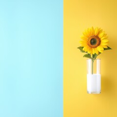 Close-up of a single sunflower in a vase on a classroom desk, bright and cheerful.