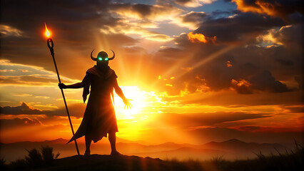 Silhouette Of A Figure With Glowing Eyes Holding A Magic Staff