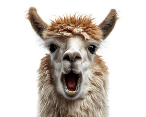 Obraz premium A whole llama with mouth open as if screaming, expressive eyes and fluffy fur, isolated on white background.