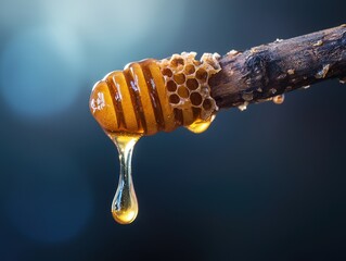 Macro capture of a single drop of honey dripping from a honey dipper, golden and glossy, illuminated against a dark background. , closes up