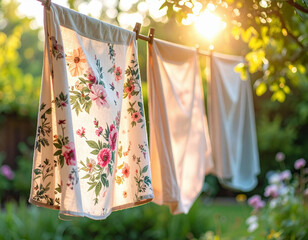 

Floral-patterned sheets gently sway on a clothesline in the warm, golden sunlight of a peaceful garden setting.