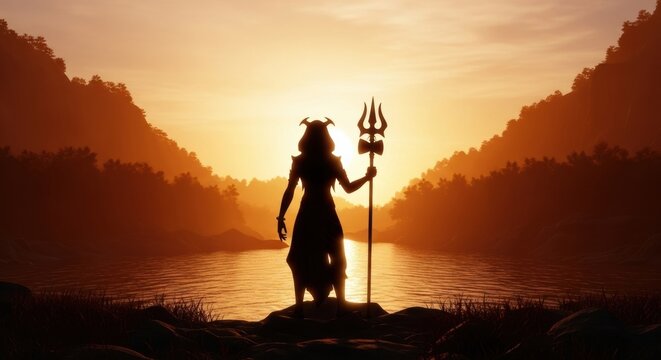 Silhouette of mythical horned figure with trident standing before glowing sunset landscape
