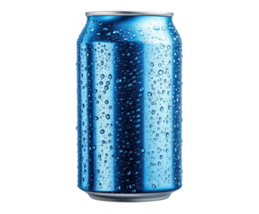 Refreshing blue beverage can with water droplets isolated against a transparent background