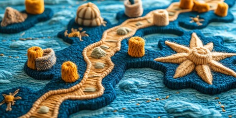 Colorful Ocean Map with Rope and Yarn Landmarks for Children's Educational Play