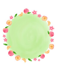 桃 水彩手描きイラスト 緑 フルーツフレーム