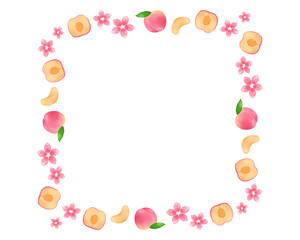 桃 水彩手描きイラスト フルーツ四角フレーム