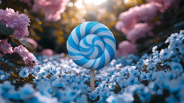 Whimsical lollipop in a garden of blue flowers.