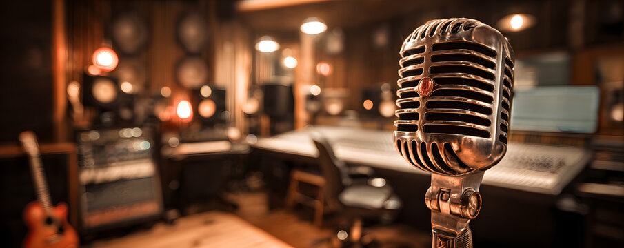 Vintage studio microphone in a modern recording atmosphere with warm lighting and sound equipment creating a creative music production space - Powered by Adobe