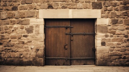 Old rustic wooden double door with stone frame on a brick wall symbolizing vintage architecture.