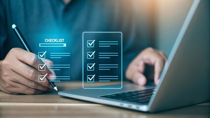 Person checking tasks on digital list checklist management