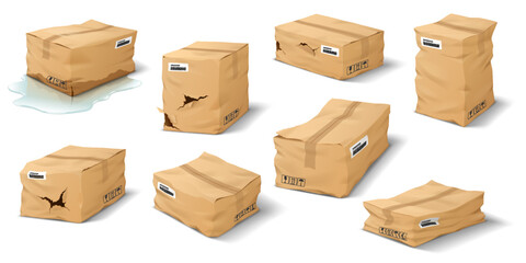 Collection of cardboard boxes in different damaged states. Wrinkled and torn with labels visible. Presents concept of shipment issues on white background.