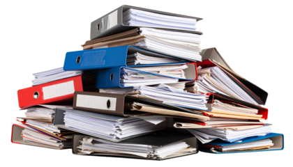 A disorganized pile of paperwork, folders, and office files stacked together, isolated on a clean background. png