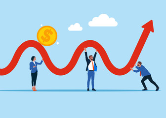 Fototapeta premium Business people hold the arrow, help to rise up. Coin on red arrow up value. Raising high standards of living and prices. Buy in anticipation of a price rally price drop. Flat vector illustration.
