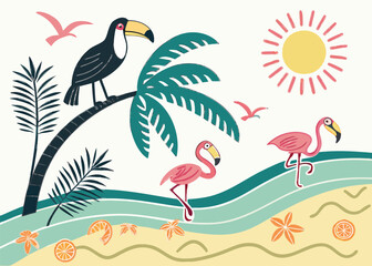 Obraz premium Exotic Beach Summer Collection: Hand-Drawn Toucan, Flamingo, Palm Tree, Sun, and Tropical Waves Illustration for Vacation and Nature Designs