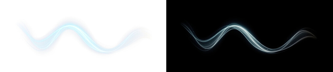 Blue, wave, wind, light, line glowing PNG swirl with energy motion effect. Transparent Overlay for sci-fi design, futuristic beams and hurricane-like speed visuals.