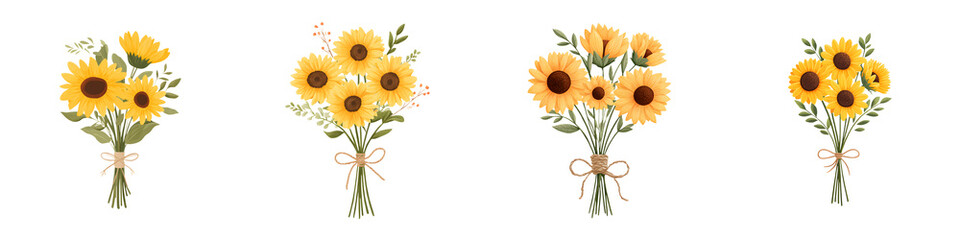 Fototapeta premium Set of Watercolor Sunflower Bouquets Isolated on White Background