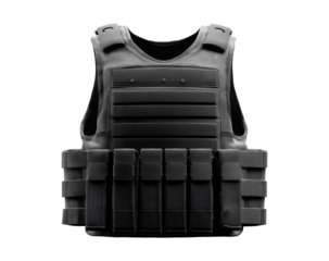 Black tactical vest, front view isolated on a transparent background