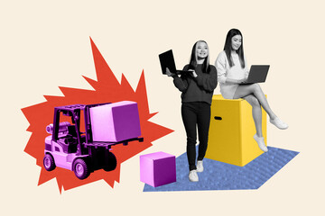 Trend template sketch design photo collage of tow young lady work together laptop online distribution store machine delivery box purchase