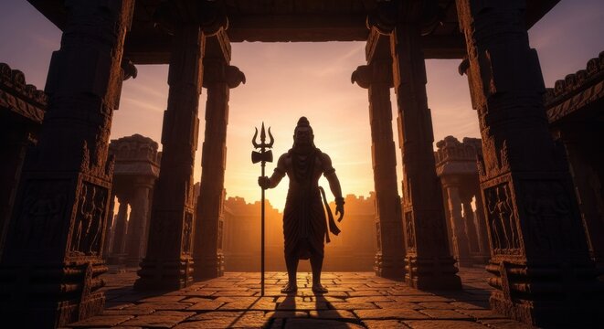 Silhouette of deity Shiva inside ancient temple at sunrise evokes spirituality and tradition